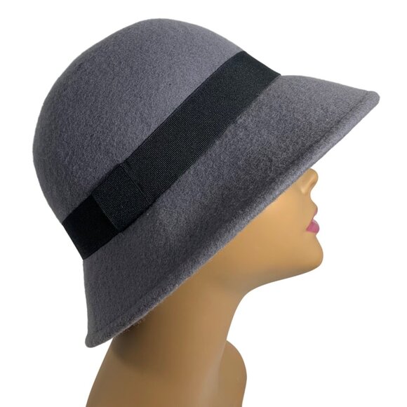 Womens Gray Wool Felt Flapper Cloche Bucket Bowler Hat One Size EUC - Picture 3 of 6